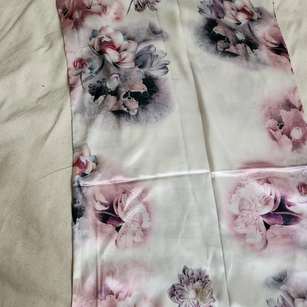 100% Silk Reversible Scarf Pink Floral Lotus Black White Village Landscape 66x18